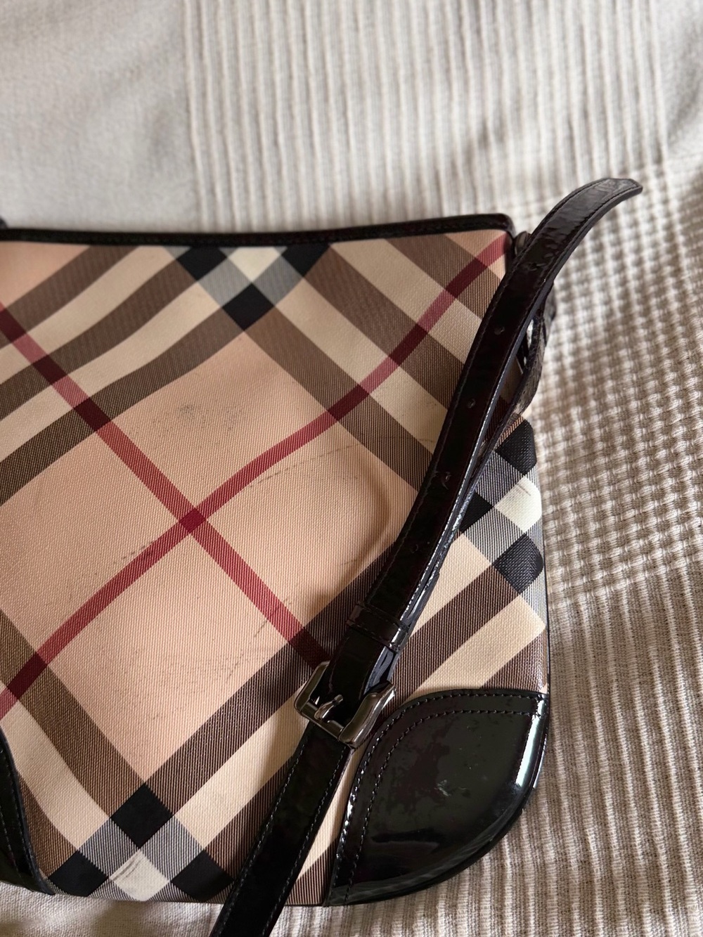 Burberry Beige Plaid Crossbody with Black Patent Trim